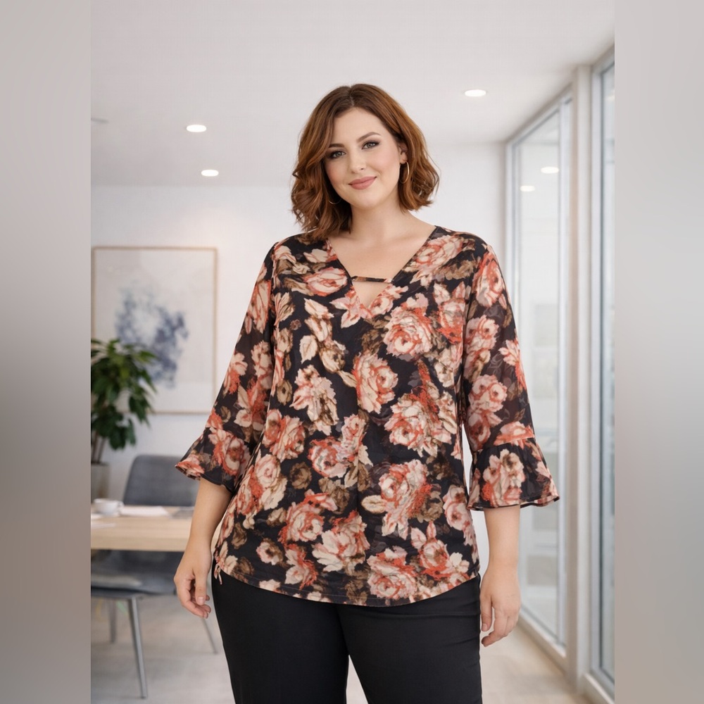 Catherines 1X Floral Chiffon Blouse Bell Sleeve Sheer Lined Fall Top Plus Size